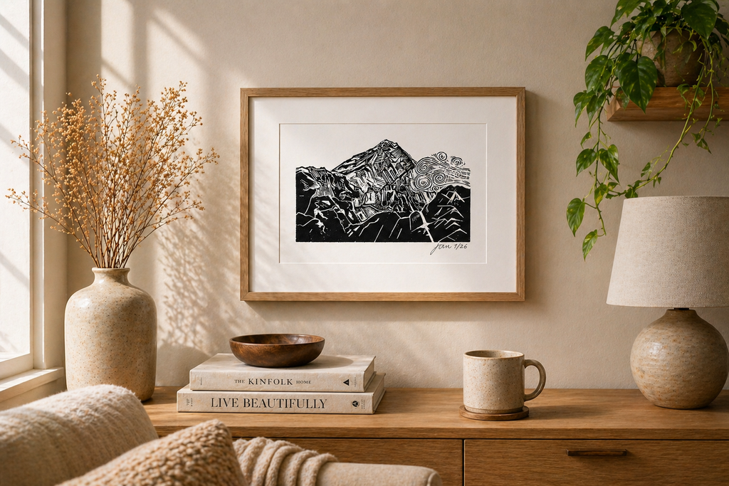 'Mountain Top' Linocut Print – Mountain Landscape Wall Art