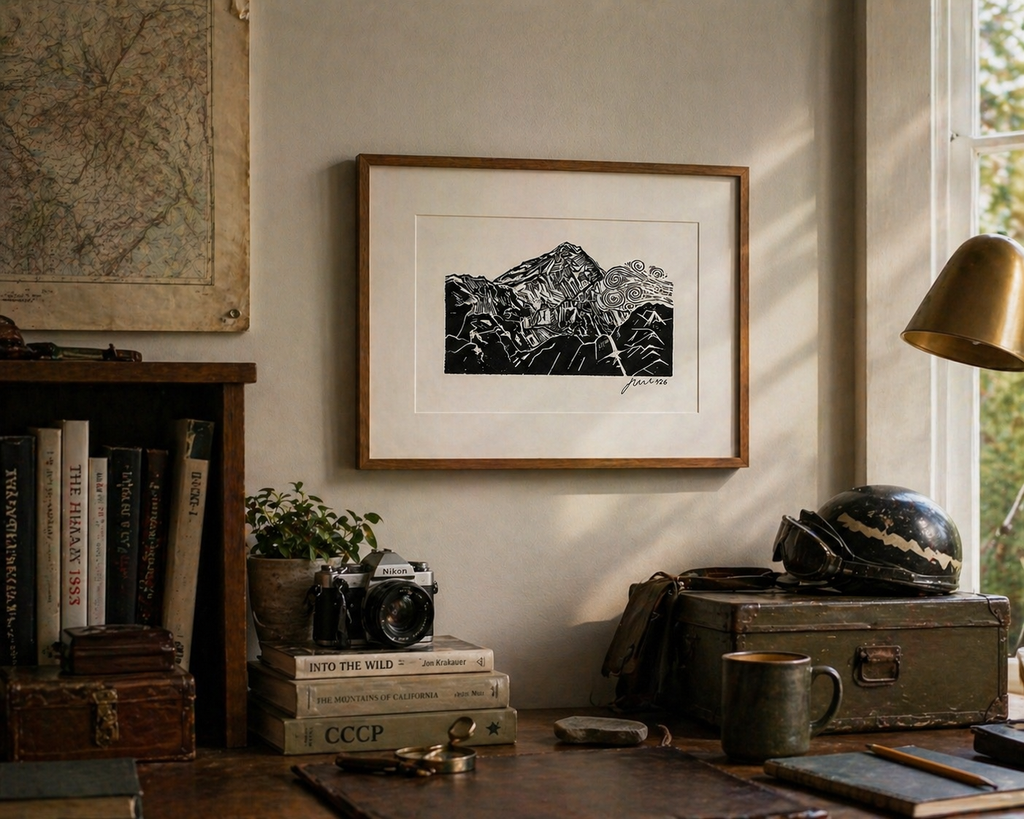 'Mountain Top' Linocut Print – Mountain Landscape Wall Art