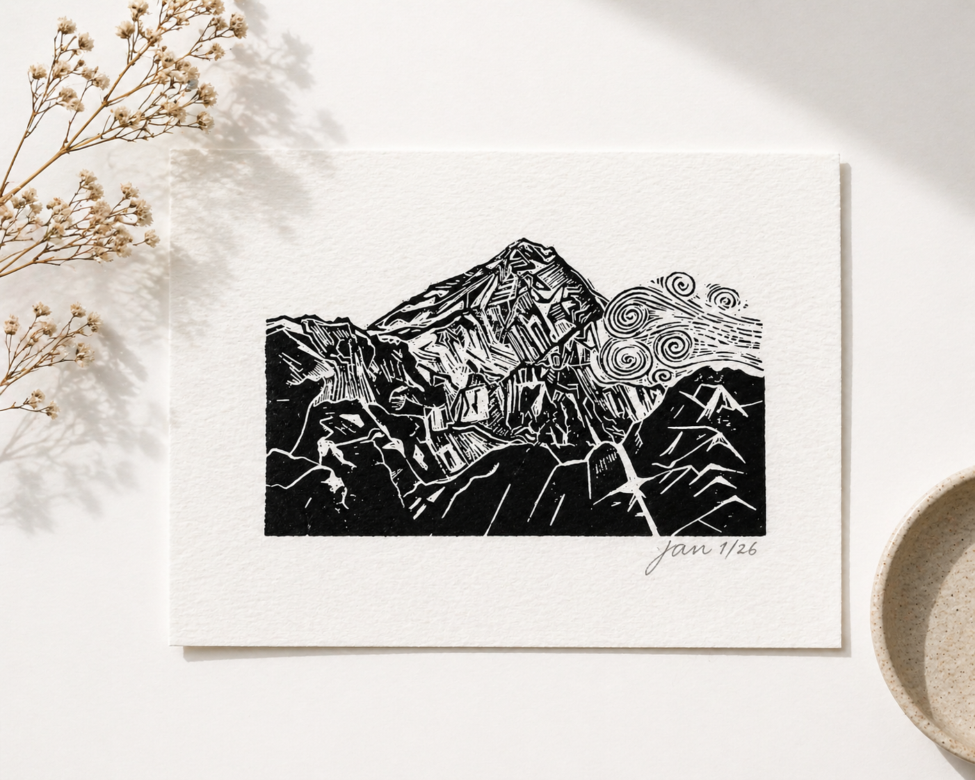 'Mountain Top' Linocut Print – Mountain Landscape Wall Art