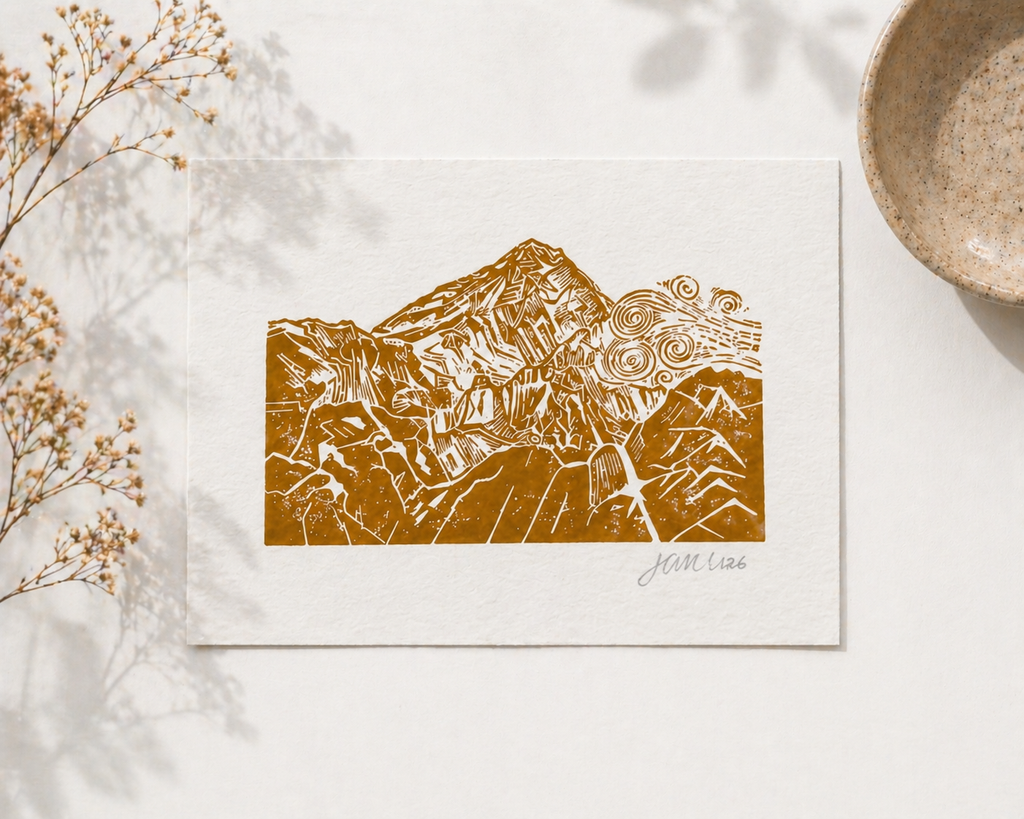 'Mountain Top' Linocut Print – Mountain Landscape Wall Art
