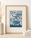 Framed artwork with a blue and white design of a person riding a fish, titled 'Ride the Storm', on a neutral background.